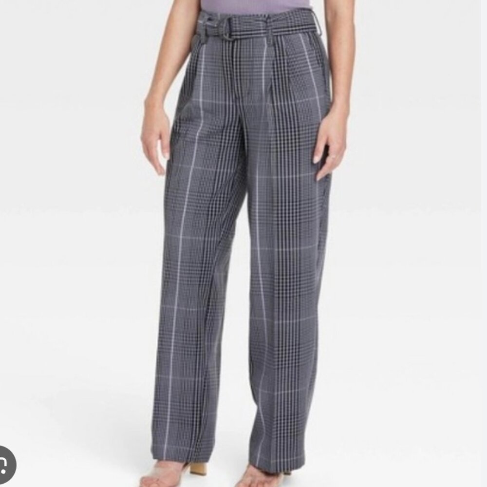 A NEW DAY Chic Old Money Women's 6 Black Blue Plaid‎ Belted Trouser Pants